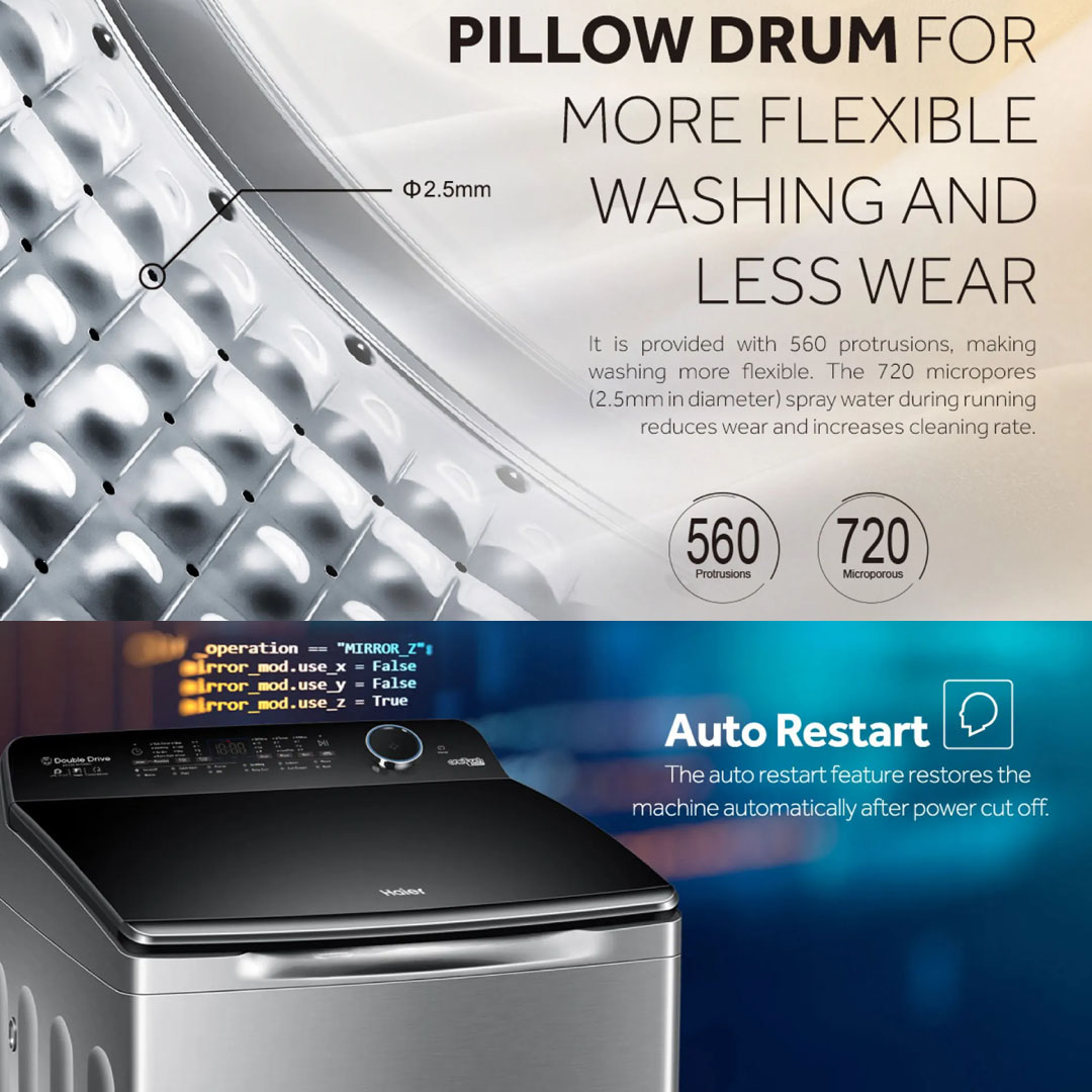 HAIER 12KG / 15KG Top Load Non-Inverter Washing Machine | HWM120-316S6 / HWM150-316S6 | Pillow Drum | Hijab Mode | Soft Closing Tempered Glass Lid | Washing Machine with 2 Year Warranty