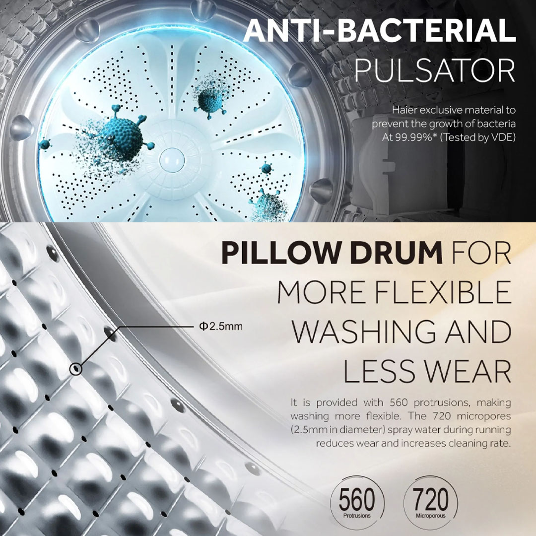 HAIER 9KG Top Load  Washing Machines HWM90-316S6 | Pillow Drum | Hijab Mode | Auto Restart | Anti-Bacterial Pulsator | Washing Machine with 2 Years Warranty