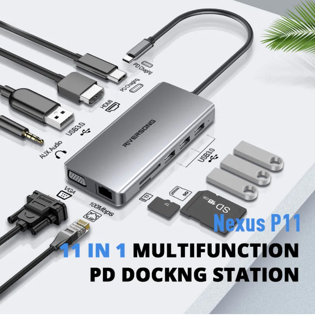 RIVERSONG Nexus P11 Multifunction Type-C Docking Station HB11 | AUZ Audio | 100Mbps Bandswitch | USB 3.0 (5Gbps) Transmission | Accessories with 1 Year Warranty