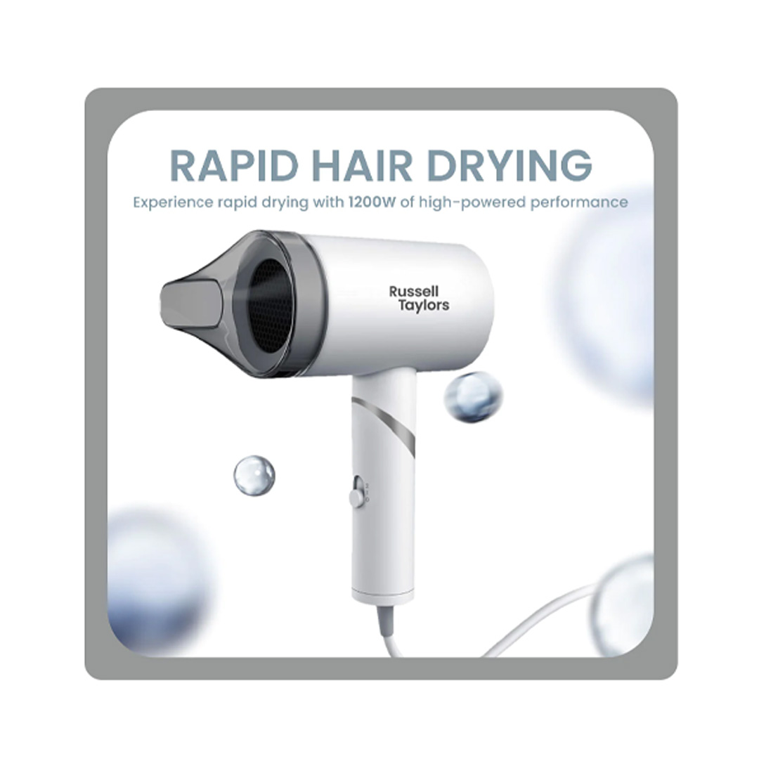 Russell Taylors 1200W Foldable Travel Hair Dryer HD1 | 1200W Power | 2-Speed Powerful Airflow | Ergonomic Handle | Hair Dryer with 2 Year Warranty