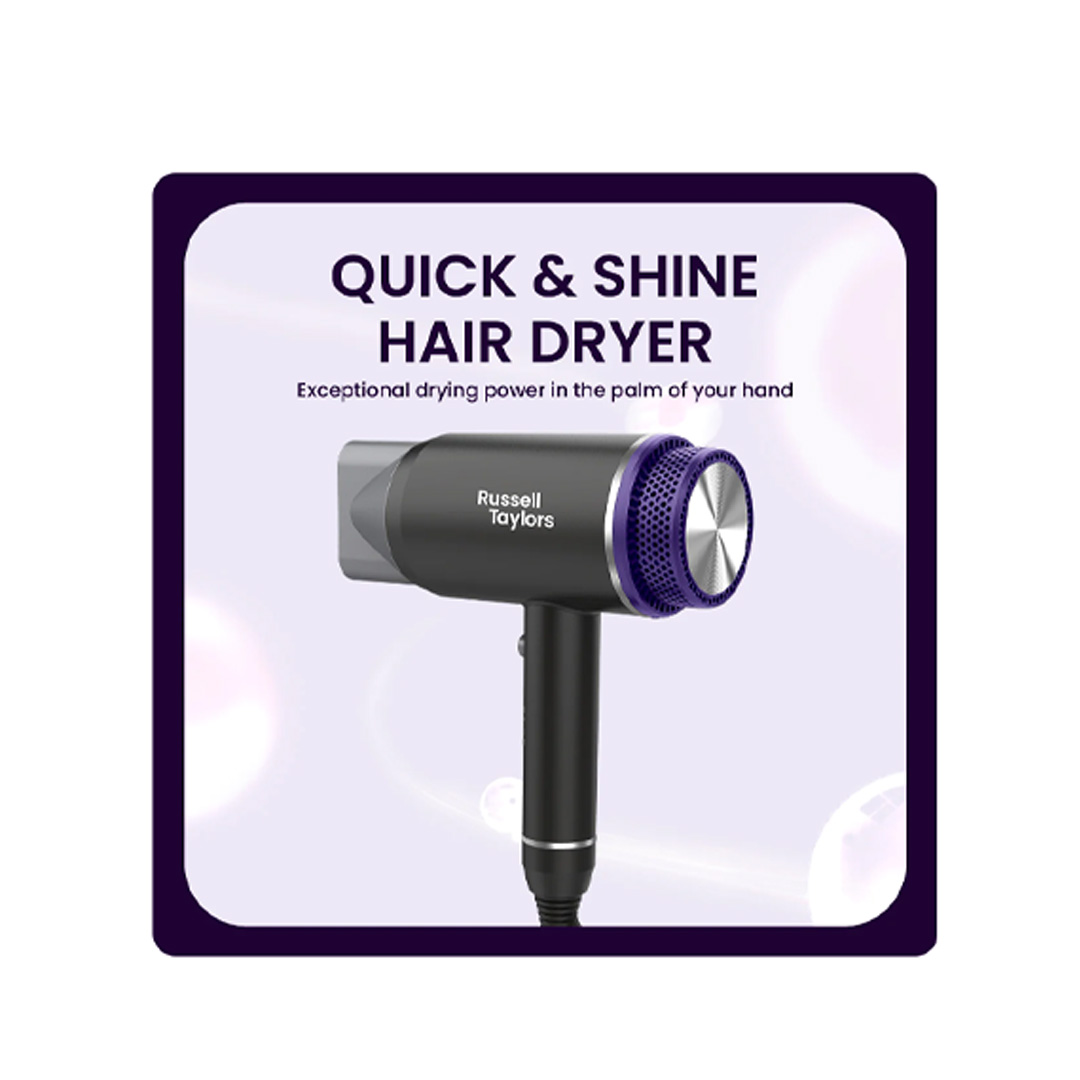 Russell Taylors 1800W Quick & Shine Hair Dryer HD2 | 3 Temperature Settings | Overheating Protection | 5 Distinctive Combinations | Hair Dryer with 2 Year Warranty