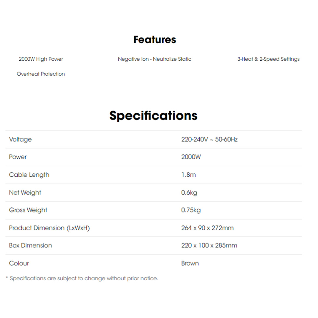 KHIND 2000W Hair Dryer with Ionizer HD2022 | Overheat Protection | 3-Heat | 2-Speed Settings | Negative Ion - Neutralize Static | Hair Dryer with 1 Year Warranty