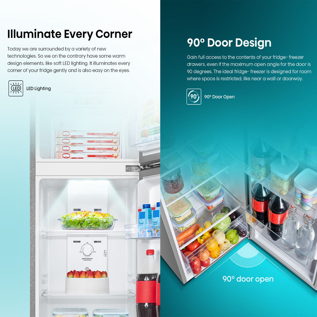 HISENSE 200L 2 Doors Top Mount Non Inverter Refrigerator RT208N4ASN | 90° Door Design | LED Lighting :Illuminate Every Corner | Big Door Balcony | Multi Air Flow | Refrigerator with 2 Years Warranty