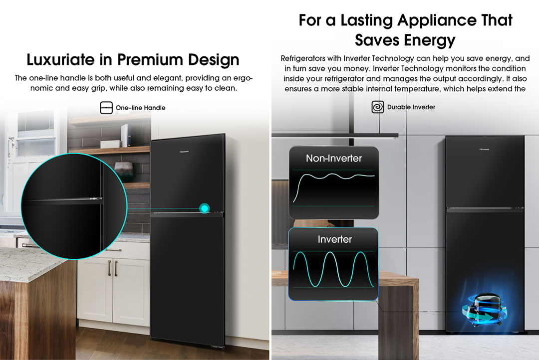 HISENSE 240L 2 Doors Top Mount Smart Inverter Refrigerator RT286N4ABN | Big Shelves - XXL Door Balcony | LED Lighting | Save Energy | Deodorizing Filter | Refrigerator with 2 Years Warranty