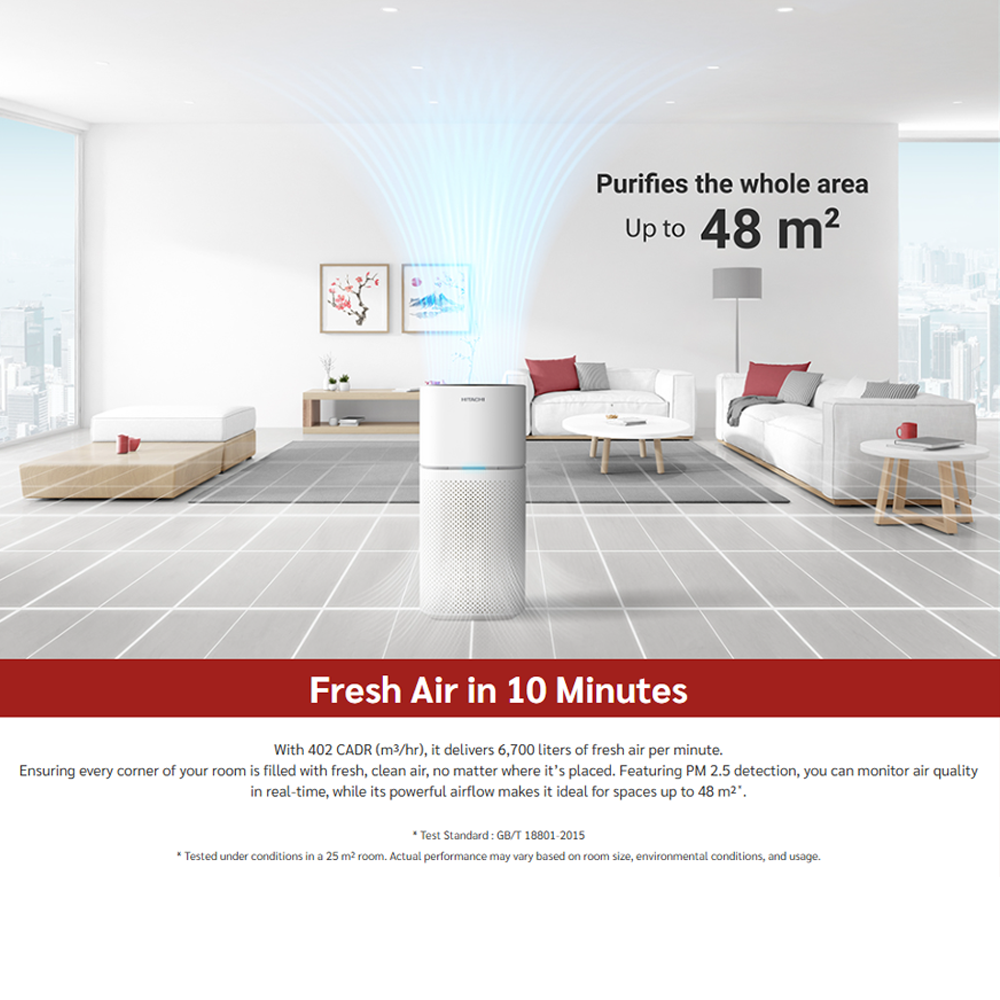 Hitachi Air Purifier EP-TZ50WG | Coverage Area up to 48m² | HEPA H13 Filter | Powerful DC Motor Fan | Smart Control