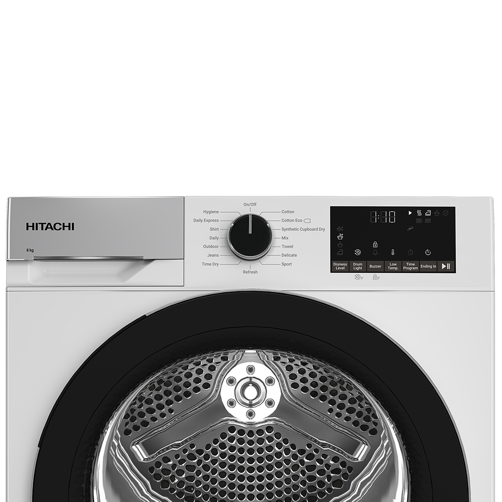 Hitachi 8KG Condensor Tumble Dryer TD-80YFE | Sensor Drying Programmes | Efficient Inverter Motor | 15 Preset Programmes