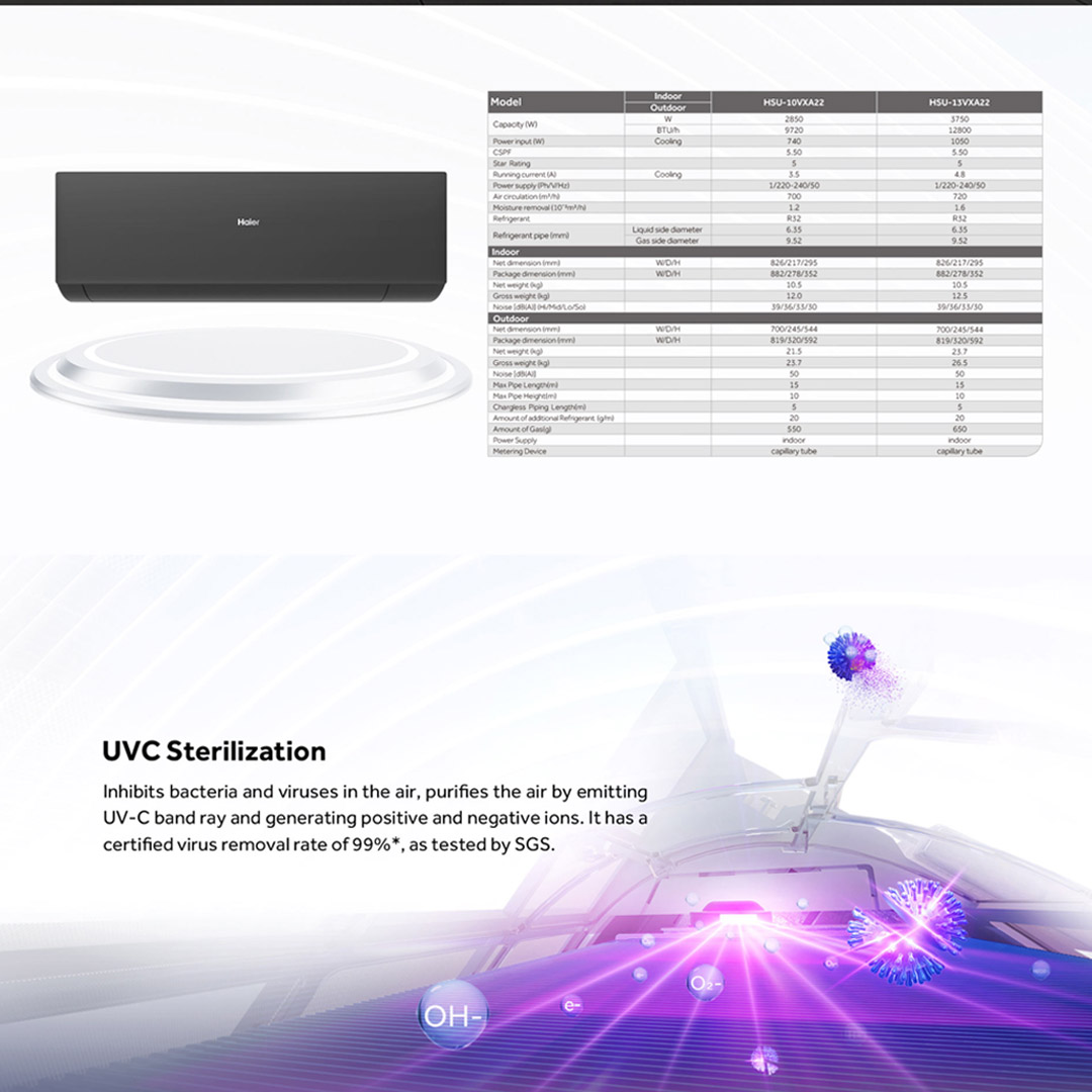 HAIER 1.5HP R32 UV Cool Inverter Wall Mount Air Conditioner HSU-13VXA22 |  PID Inverter | Smart Clean | WIFI Control | UVC Sterilization | Air Conditioner with 3 Years Warranty