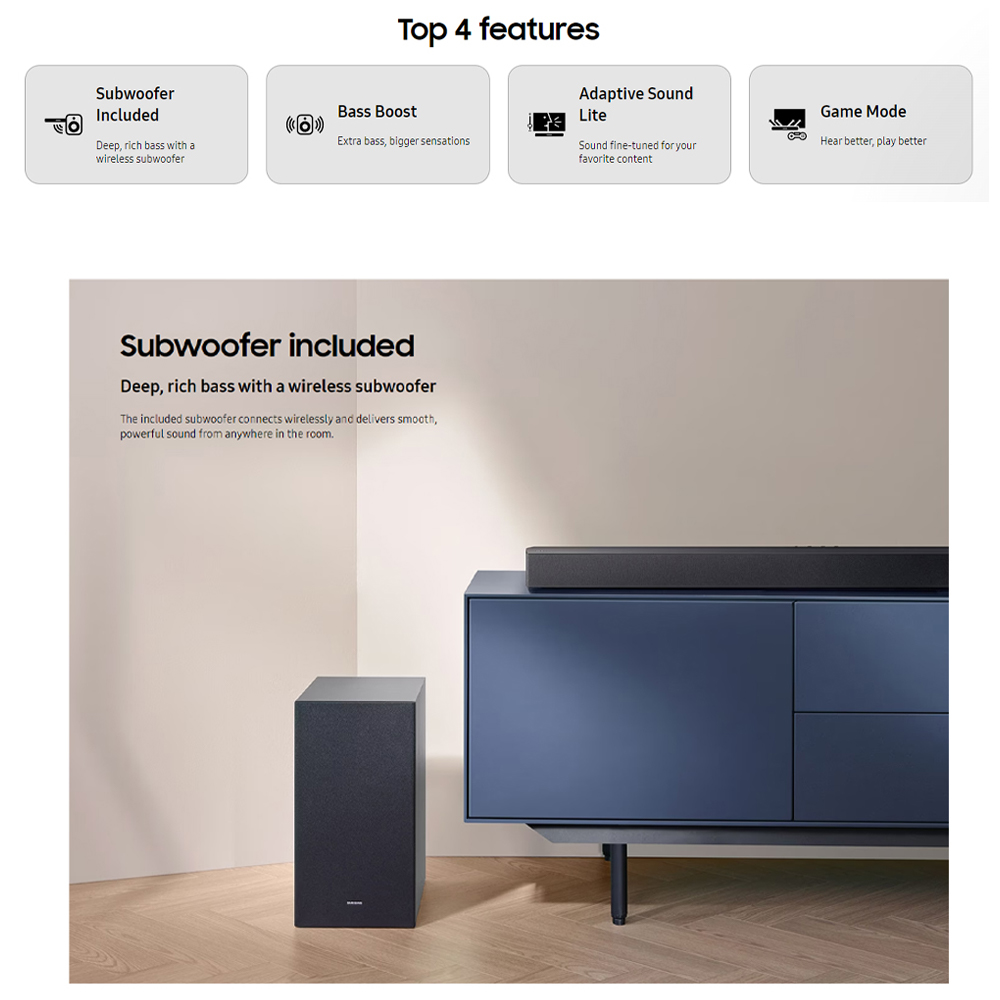 SAMSUNG 25W 2.1ch B-Series Soundbar with Subwoofer  HW-C450/XM | Subwoofer Included | Bass Boost | Adaptive Sound Lite | 1  Year General Warranty