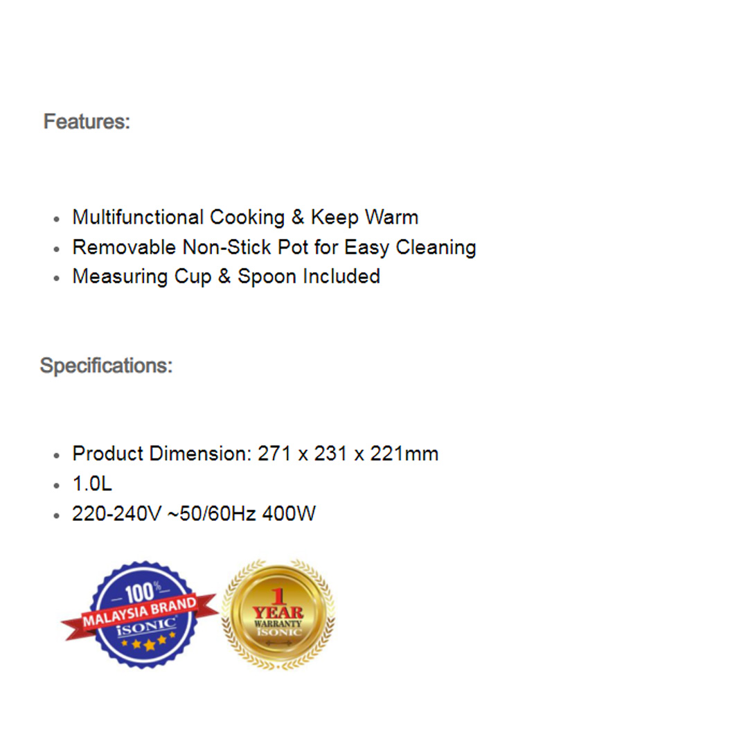 ISONIC 1.0L / 1.8L Classic Rice Cooker | IRC-1009 / IRC-1809 | 700W Power | Removable Non-Stick | Stainless Steel Lid | Cooker with 1 Year Warranty