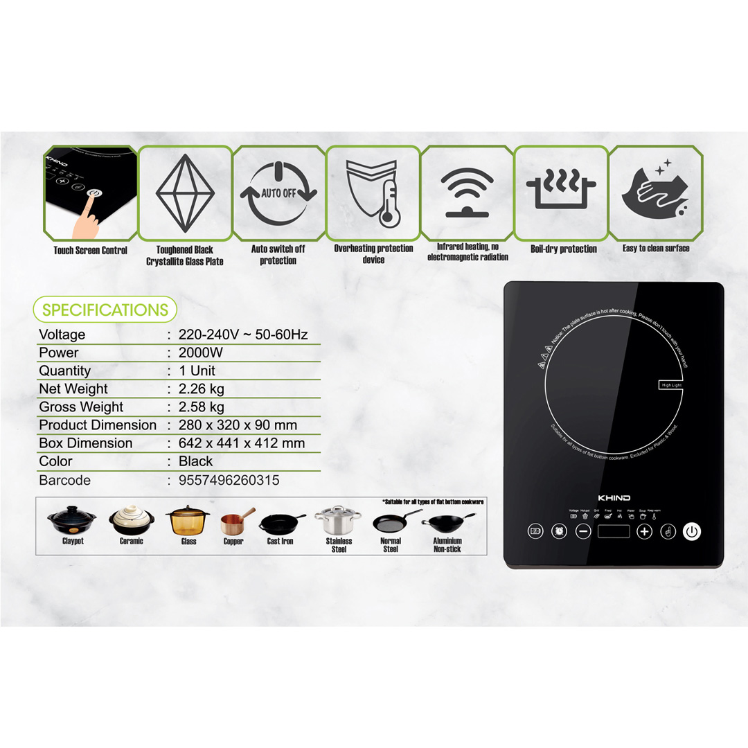 KHIND 2000W Infrared Cooker IRC2000 | 6 Functions in 1 | Touch Screen Control | Overheat Protection | Auto Switch Off | Infrared Cooker with 1 Year Warranty
