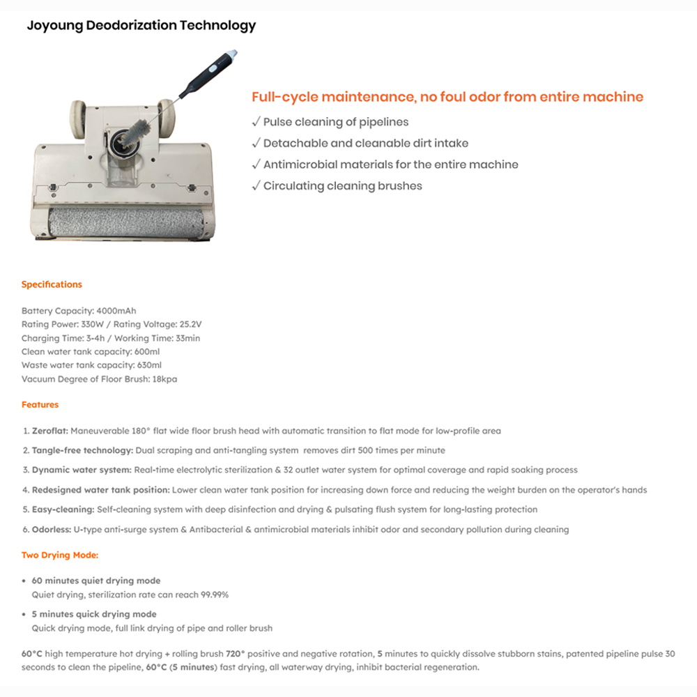 Joyoung 330W 180 Flat Floor Washer Vacuum Cleaner JY-FW8 | Dynamic water system | Easy-cleaning | Zeroflat