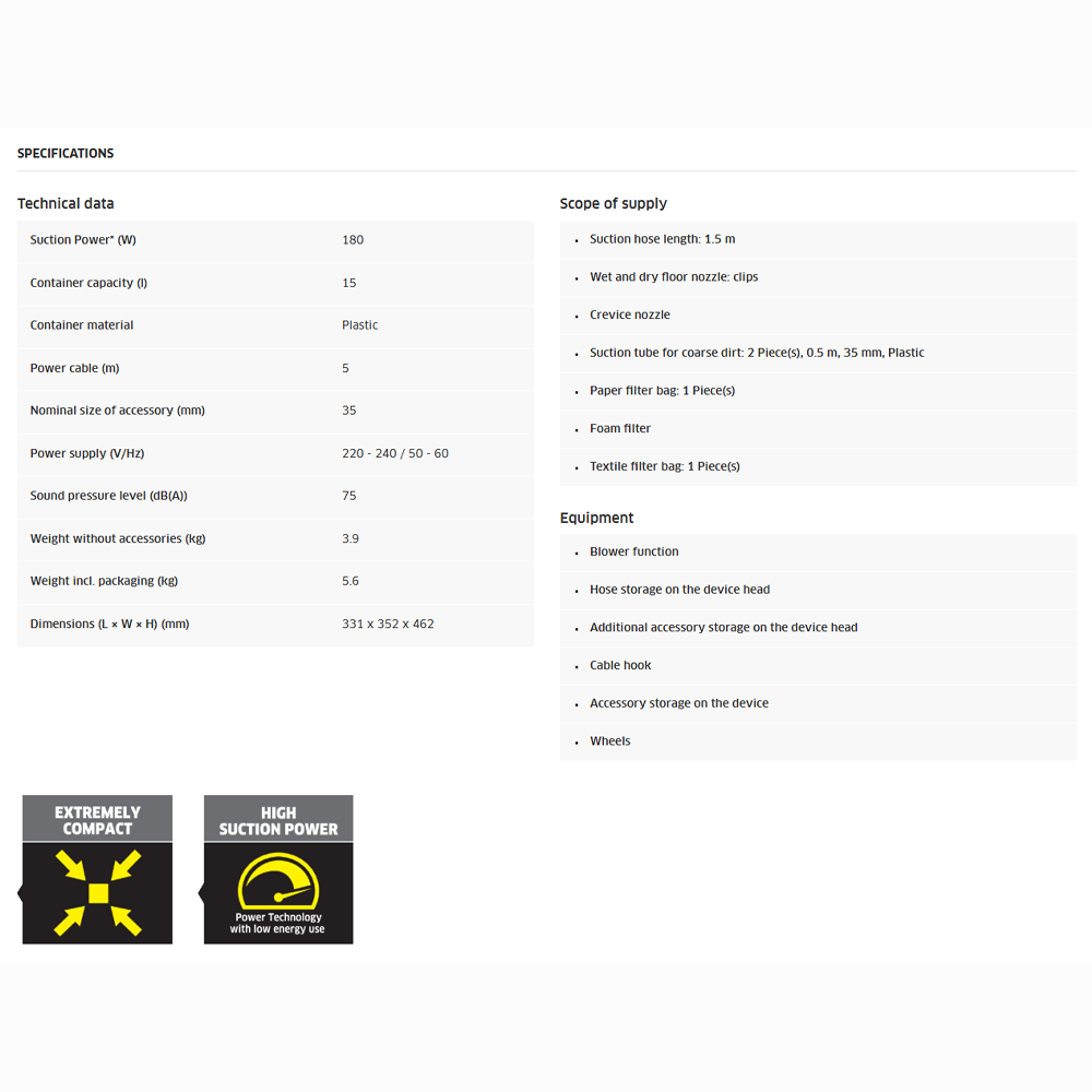 Karcher 1200W Wet & Dry Vacuum Cleaner Yellow | WD 1 Classic| Suitable for numerous uses | 15L plastic waste container | Practical blower function