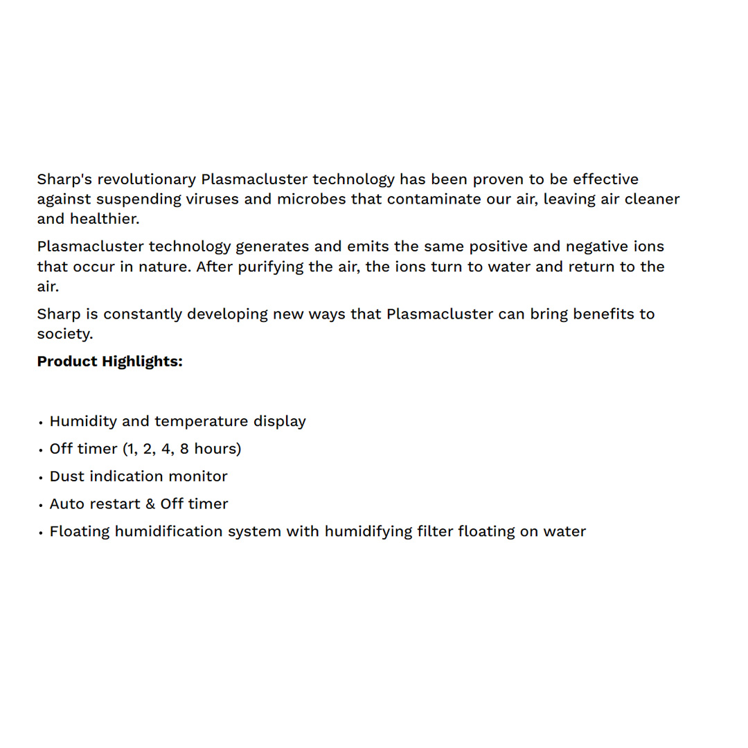 SHARP 16m² Plasmacluster Technology Humidifying Air Purifier KCF30LW | Off Timer | Humidity and Temperature Display | Auto Restart | Air Purifier with 1 Year Warranty