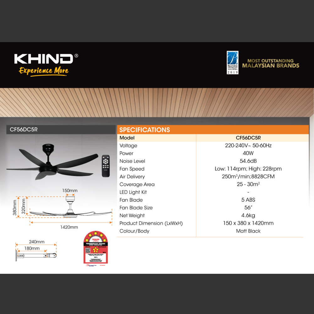 KHIND 56" ZenAir Ceiling Fan CF56DC5R | BLDC Motor 50% Energy Saving | Low Noise | 6+6 Speeds | Natural Wind
