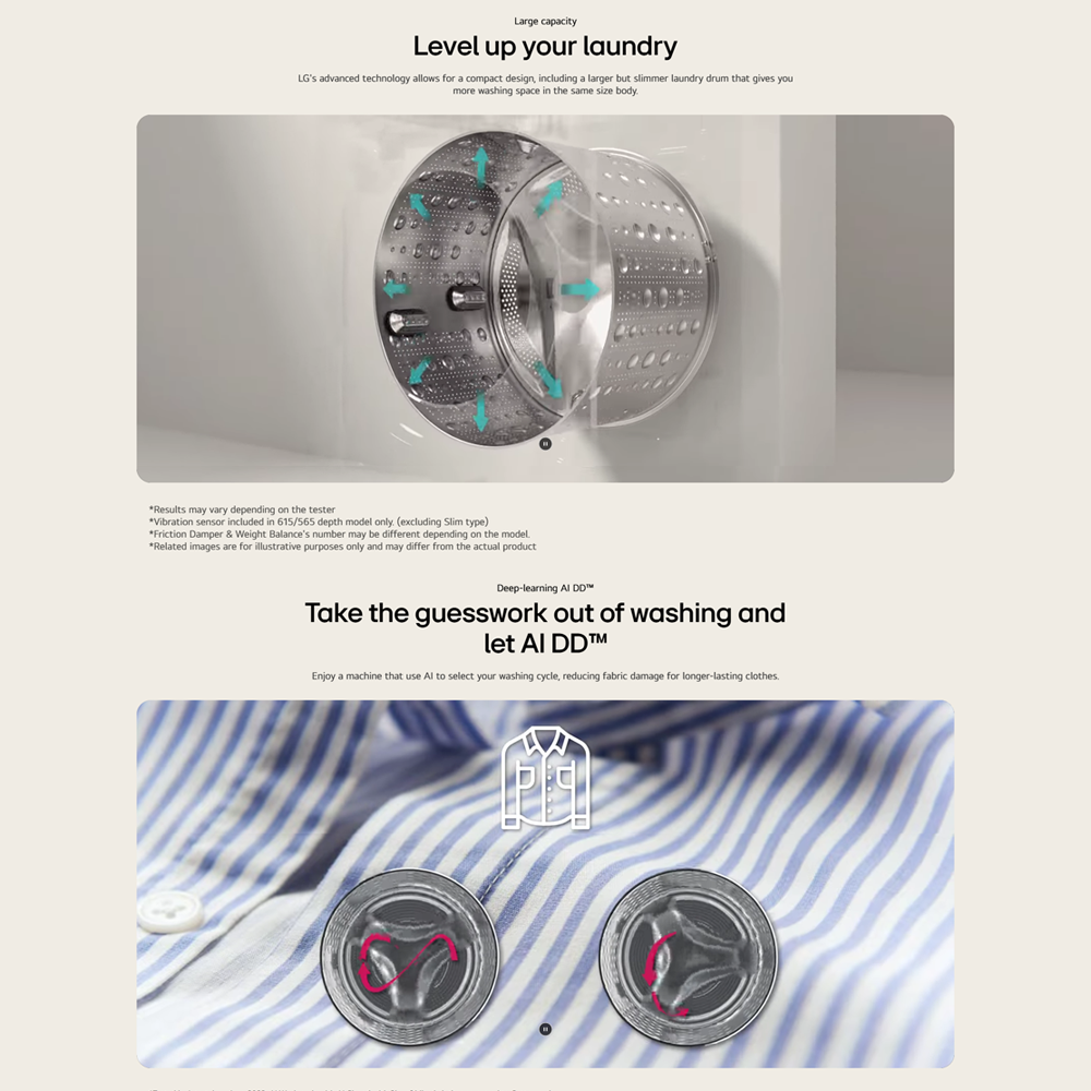 LazMallLG 15KG Slim Front Load Inverter Washing Machine with AI Direct Drive F2515SNTGE | AI Inverter Direct Drive | TurboWash 360 | Steam