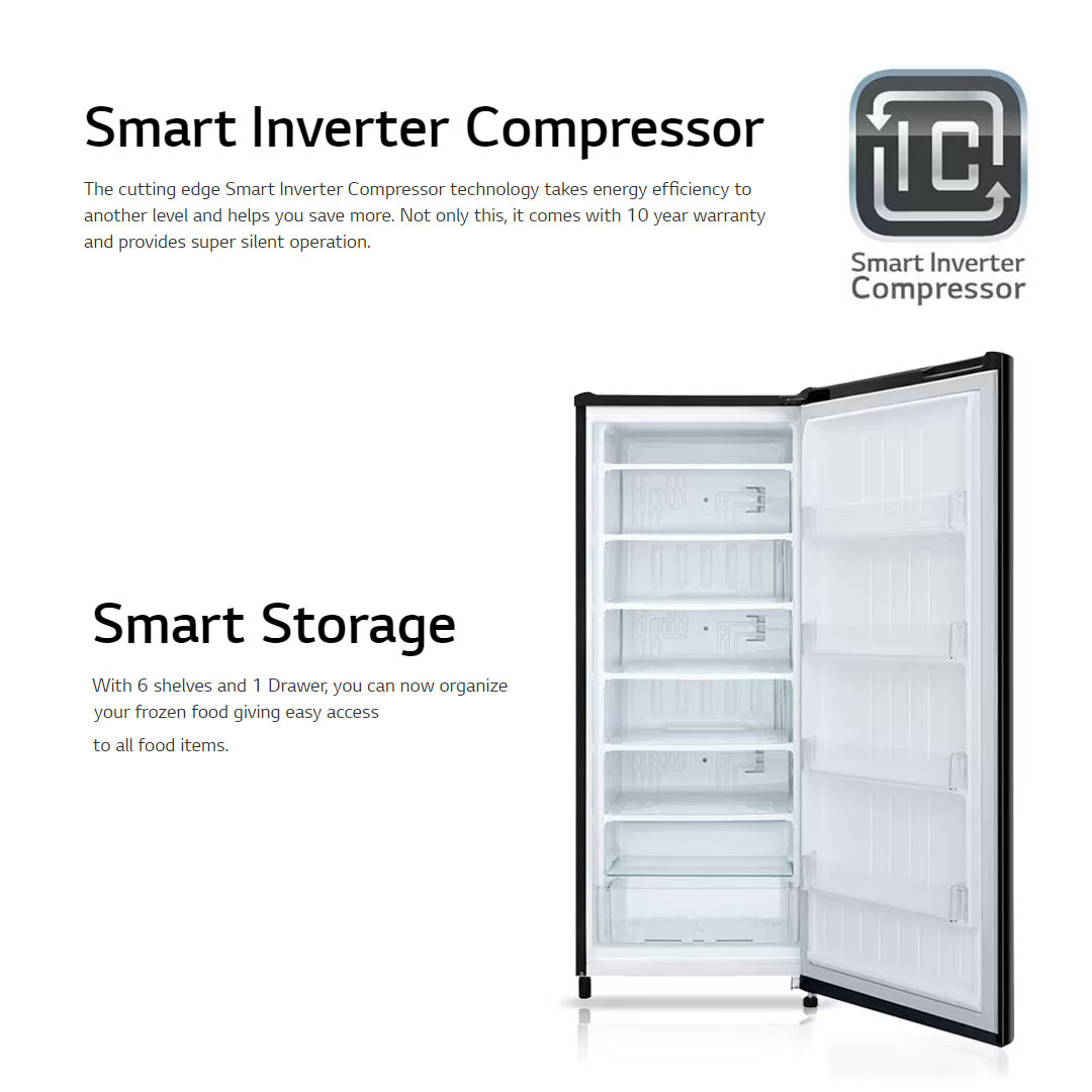 LG 171L Smart Inverter Upright Freezer GN-304SHBR / GN-304SLBR | Vertical Freezer | 6 Freezer Shelves | 4 Door Baskets | Sleek Design