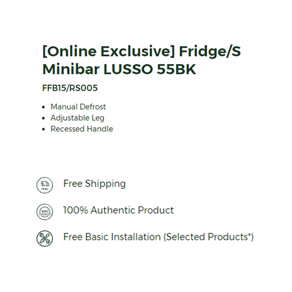 FABER 50L Minibar LUSSO 55BK | Manual Defrost | Adjustable leg | Recessed handle | 1  Year General Warranty   10 Year Motor Warranty