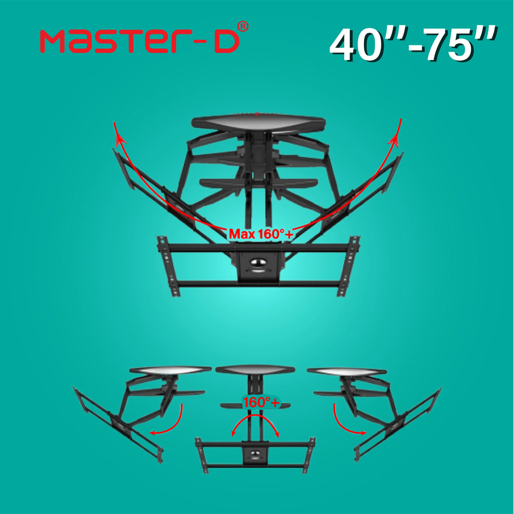 Master D 40"-75" LED TV BRACKET - Full Motion Cantilever Mount (DOUBLE CANTILEVER ARM) 767-L600 | Max Weight: 75kg | Extension: 57 - 500 mm | Tilt: +8°/-5° | Swivel: 160°