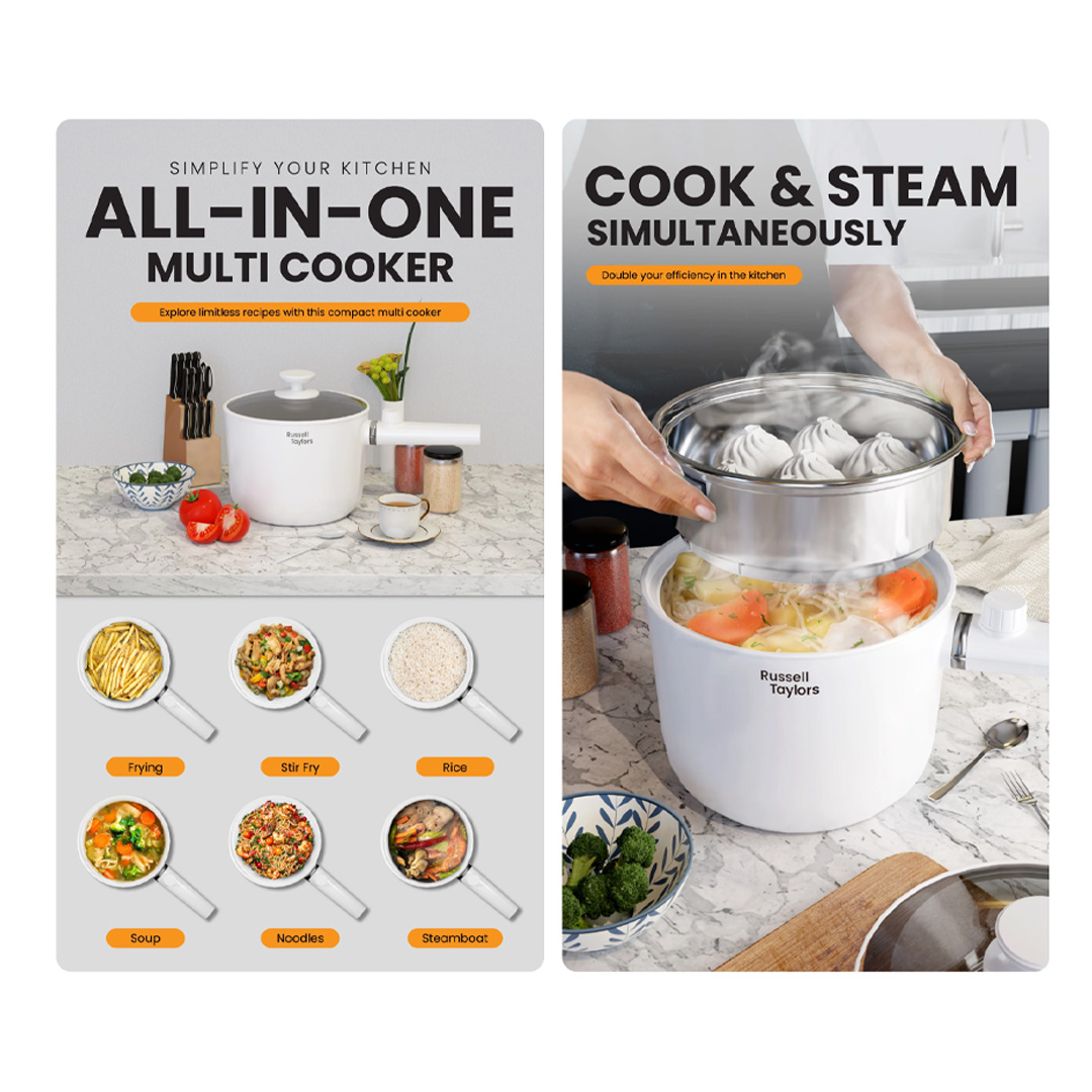 Russell Taylors 1.5L Multi Cooker With Steamer MC15 | 600W Power | 2 Level Temperature Control | Transparent Lid | Cooker with 2 Year Warranty