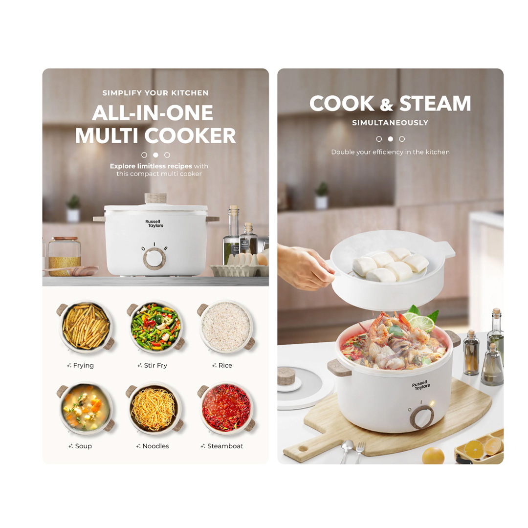 Russell Taylors 2.5L Multi Cooker with Steamer MC25 | 700W Power | All-In-One Multi Cooker | 2 Level Temperature Control | Cooker with 2 Year Warranty