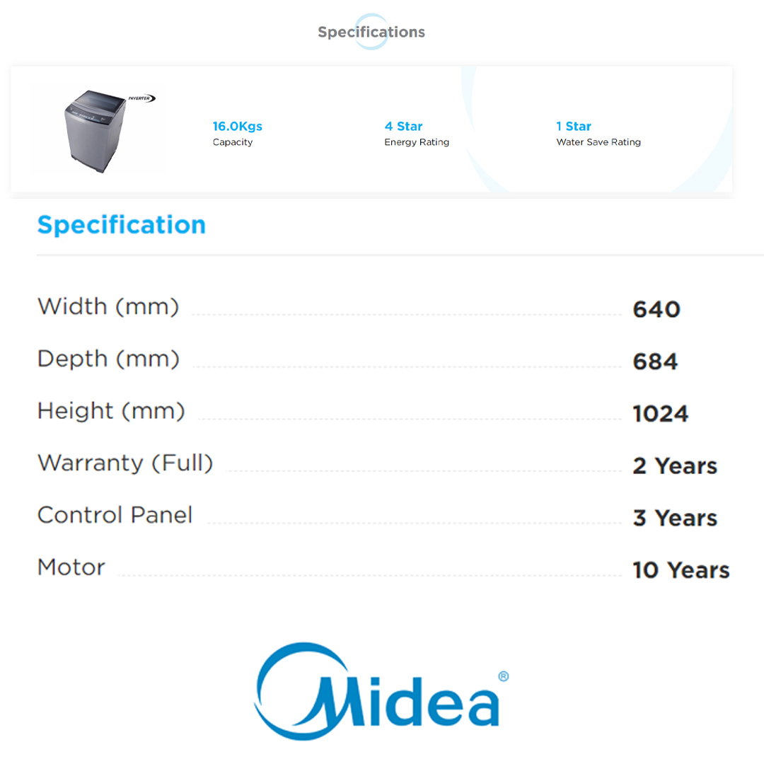 Midea 16KG Inverter Top Load Washing Machine MFW-1655CVI | 3D Waterfall Current | Soft Close Lid | One Touch Wash | Big Detergent Box | Washing Machine with 2 Years Warranty