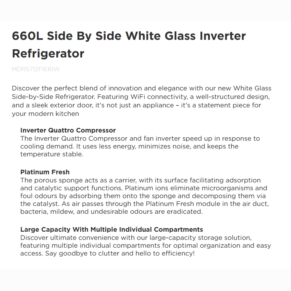 Midea 660L Side By Side Inverter Refrigerator MDRS712FIE61W | Inverter Quattro Compressor | Platinum Fresh | Multi Air Flow