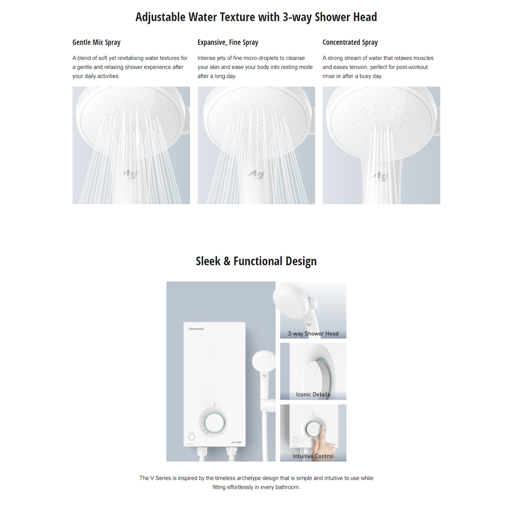 Panasonic 3600W Jet Pump V Series Home Shower (Water Heater) DH-3VP1MW | 9 Safety Features | Water Flow Sensor