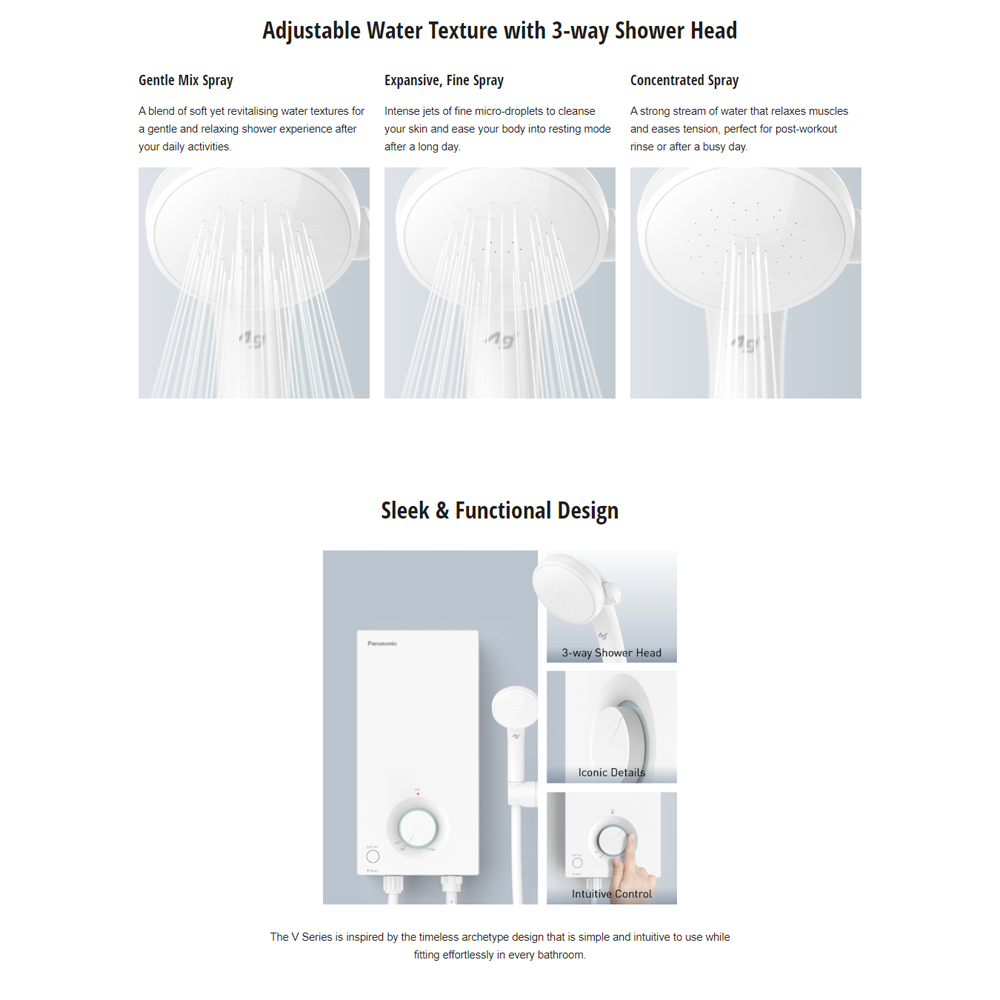 Panasonic 3600W V Series Water Heater (Non-Jet Pump) Matt DH-3VS1MW | 9 safety features | Water Resistant | Water Flow Sensor
