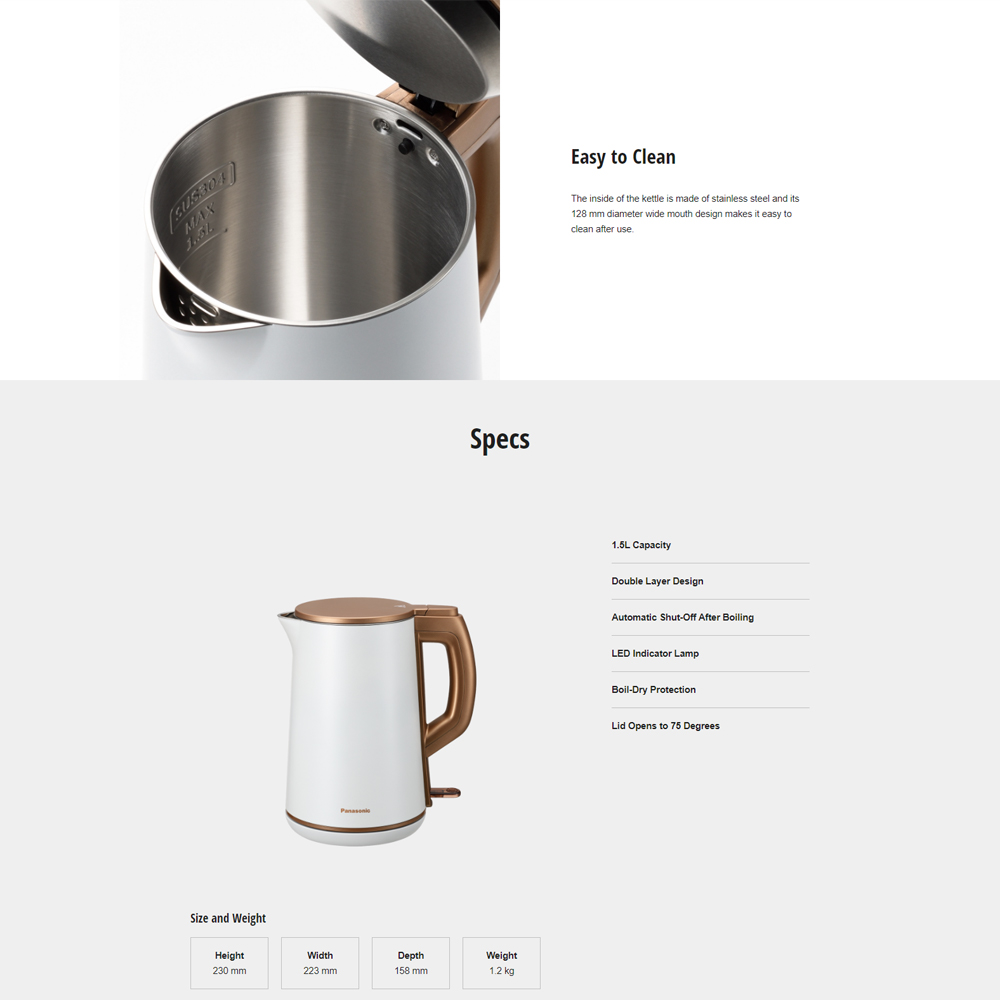 Panasonic 1.5L Stainless Steel Electric Kettle NC-KD300WSK | Double Layer Design | LED Indicator Lamp | Boil-Dry Protection