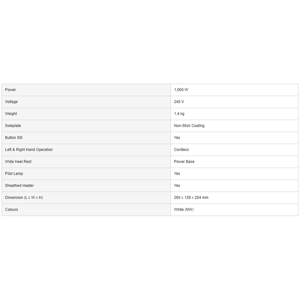 Panasonic 1000W Cordless Non-Stick Dry Iron NI-100DX-JW | Pilot Lamp | Sheathed Heater