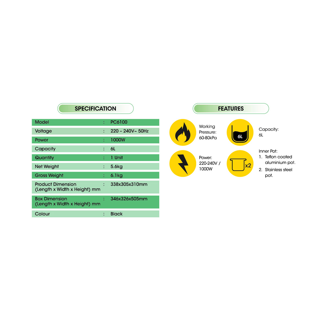 KHIND 6L Pressure Cooker PC6100 | Working Pressure 60-80kPa | Power220-240V / 1000w | 8 Multiple Safety Protections | Pressure Cooker with 1 Year Warranty