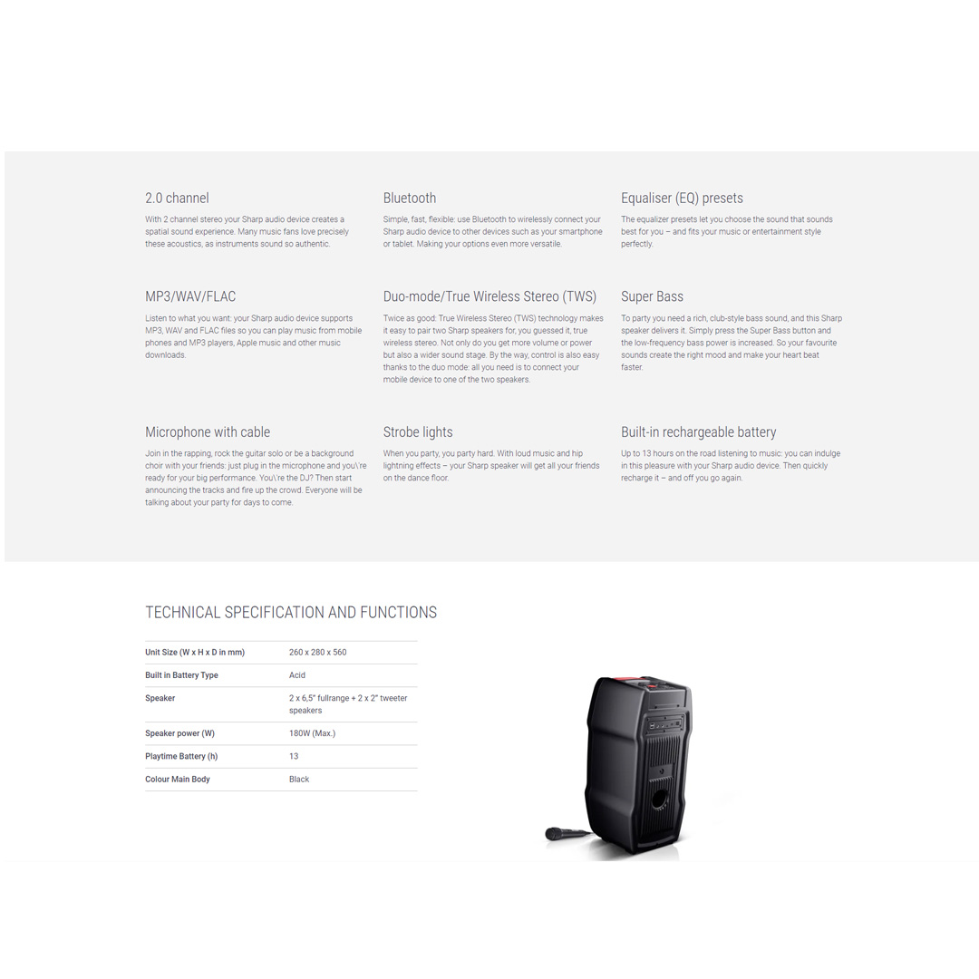 SHARP 60W Party Speaker System PS929 | Bluetooth | USB | Audio In | TWS Mode | USB Playback | 4.5AH Rechargeable Battery | Speaker with 1 Year Warranty