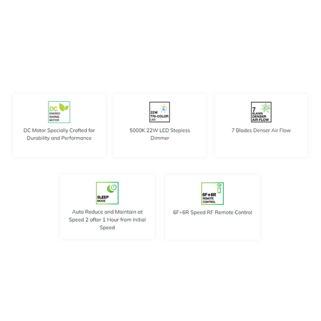 Rubine 56" 7 Blades DC Motor Ceiling Fan | RCF-SETTE56-7BL-BLT / RCF-SETTE56-7BL-OB | 6F+6R Speed RF Remote Control | 7 Blades Denser Air Flow | 22W Tri-Color LED | Ceiling Fan with 1 Year Warranty