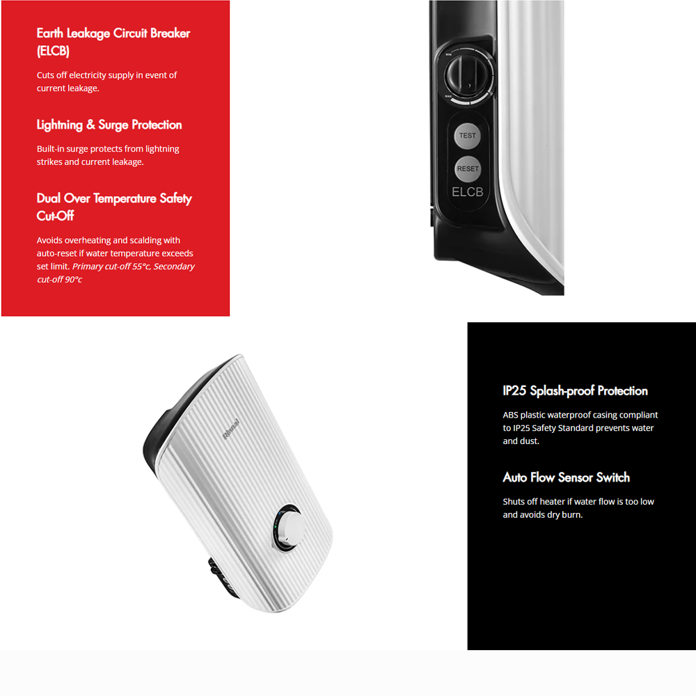 Rinnai 3800W DC Pump Sen Electric Water Heater REI-E380DP-B-WH/ REI-E380DP-BS-BK/ REI-E380DP-C-BG | 5 Multi-Spray, Anti-Twist Hose |1-Knob Control