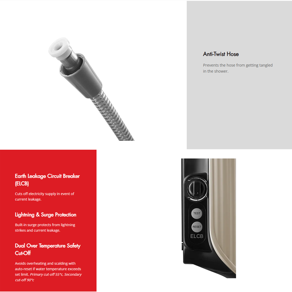 Rinnai 3800W Non Pump Sen Electric Water Heater REI-E380NP-B-WH/REI-E380NP-BS-BK/REI-E380NP-C-BG | 3 Multi-Spray | 1-Knob Control