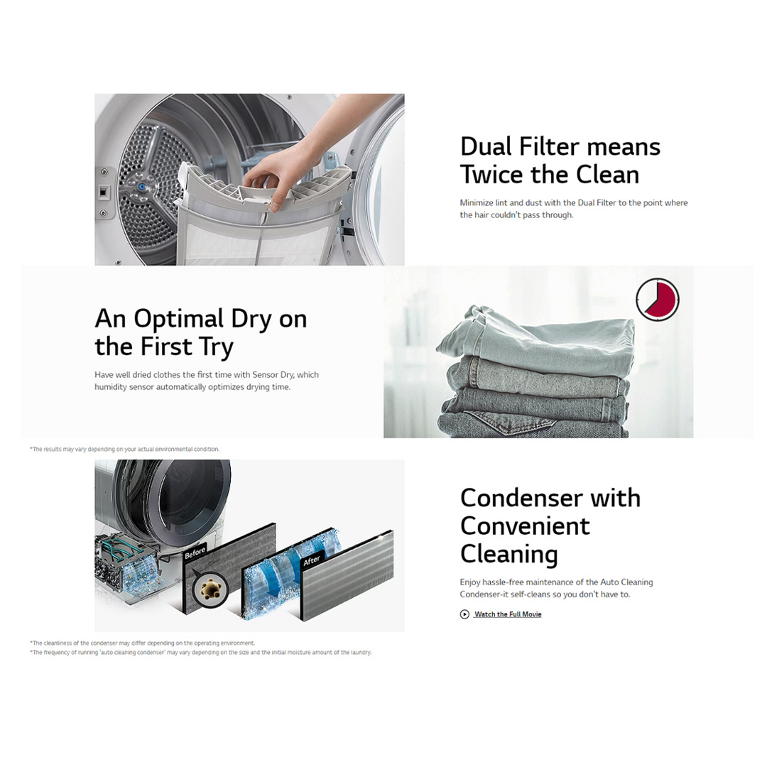 LG 10KG Front Load Heatpump Dryer with Dual Inverter and Auto Cleaning Condenser | RH10VHP2B / RH10VHP2W | Smart Pairing | Allergy Care | Dual Lint Filter | Heatpump Dryer with 1 Year Warranty