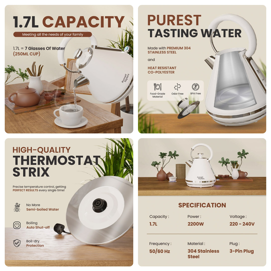 Russell Taylors 1.7L SpeedBoil Retro Kettle RK-10 | Concealed Stainless Steel Heating Element | Boil Dry | Overheat Protection | Kettle with 2 Year Warranty