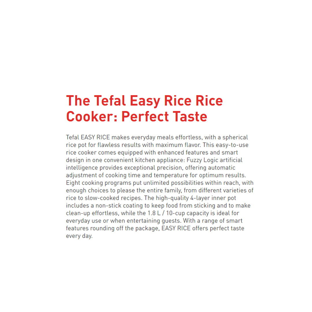Tefal 1L Easy Rice Compact Fuzzy Logic Rice Cooker RK7301| AI Smart Cooking Technology | Optimal Heat Circulation | 8 Convenient Pre-set Programs | Cooker with 2 Year Warranty