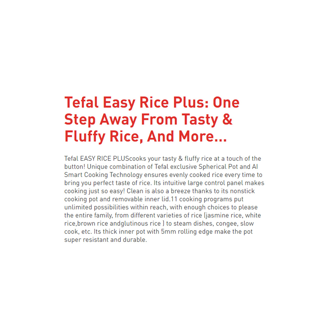 Tefal 1.8L Easy Rice Fuzzy Plus Logic Rice Cooker RK736B | 750W Power | Reheat | Control Panel | Display Timer | Rice Cooker with 2 Year Warranty