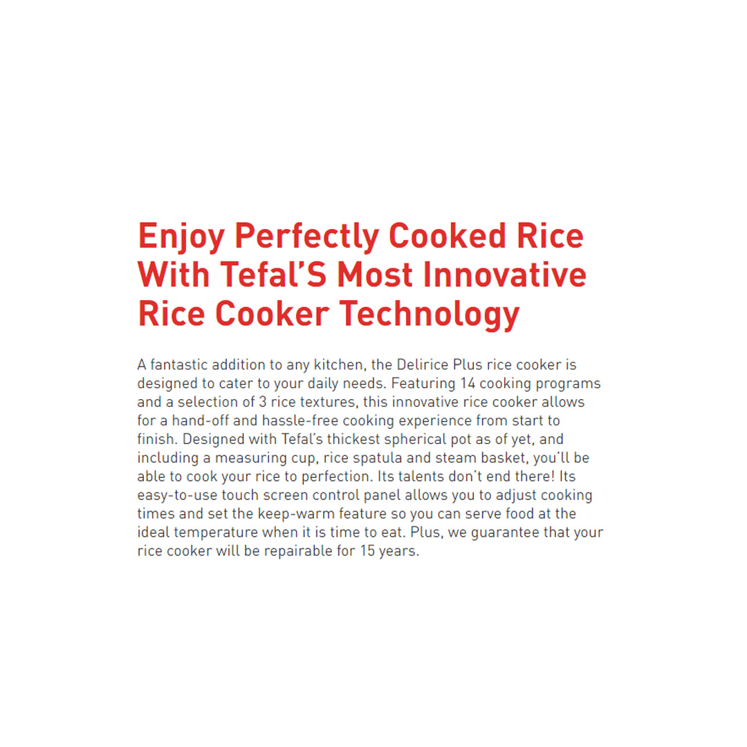 Tefal 1.8L Delirice Plus Fuzzy Logic Rice Cooker RK776B | 14 Cooking Programs | 12-hour Keep Warm Feature | Touch Screen Control Panel | Cooker with 2 Year Warranty