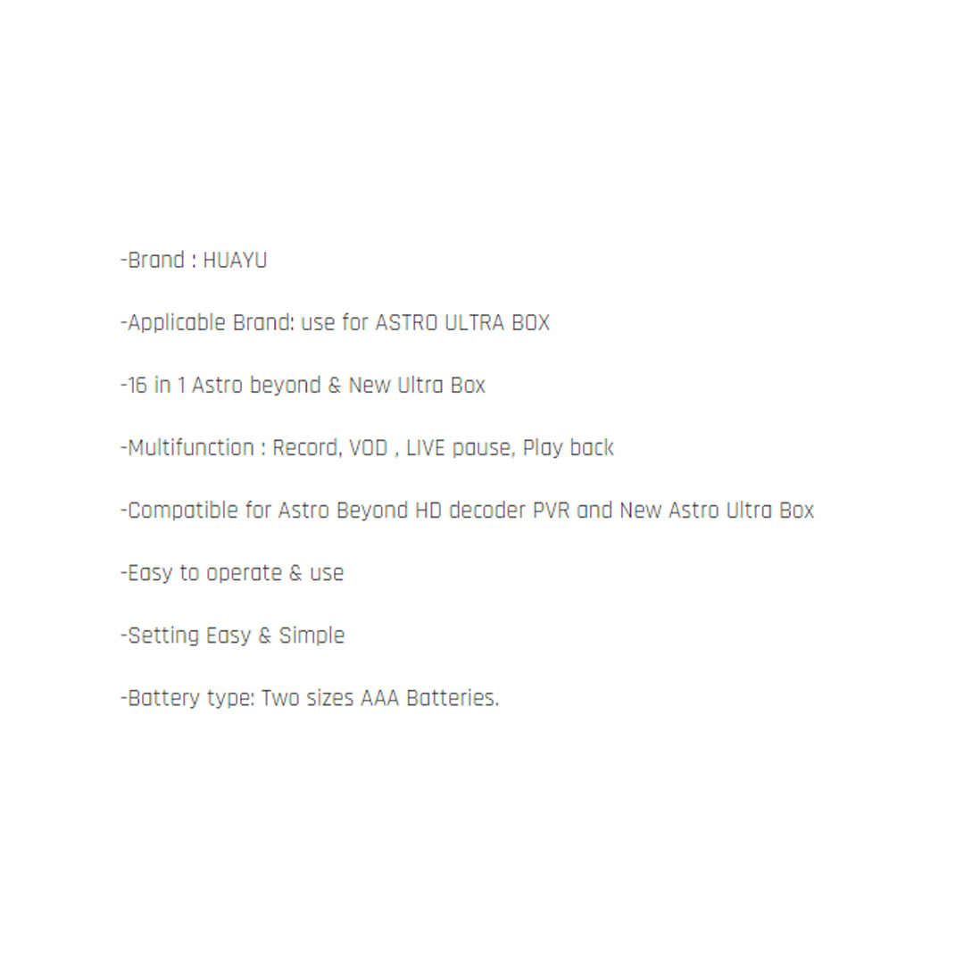 HUAYU Astro 16 In 1 Multi Remote Control RM-L1779 | Multifunction: Record, VOD, LIVE Pause, Play Back | Easy to Operate