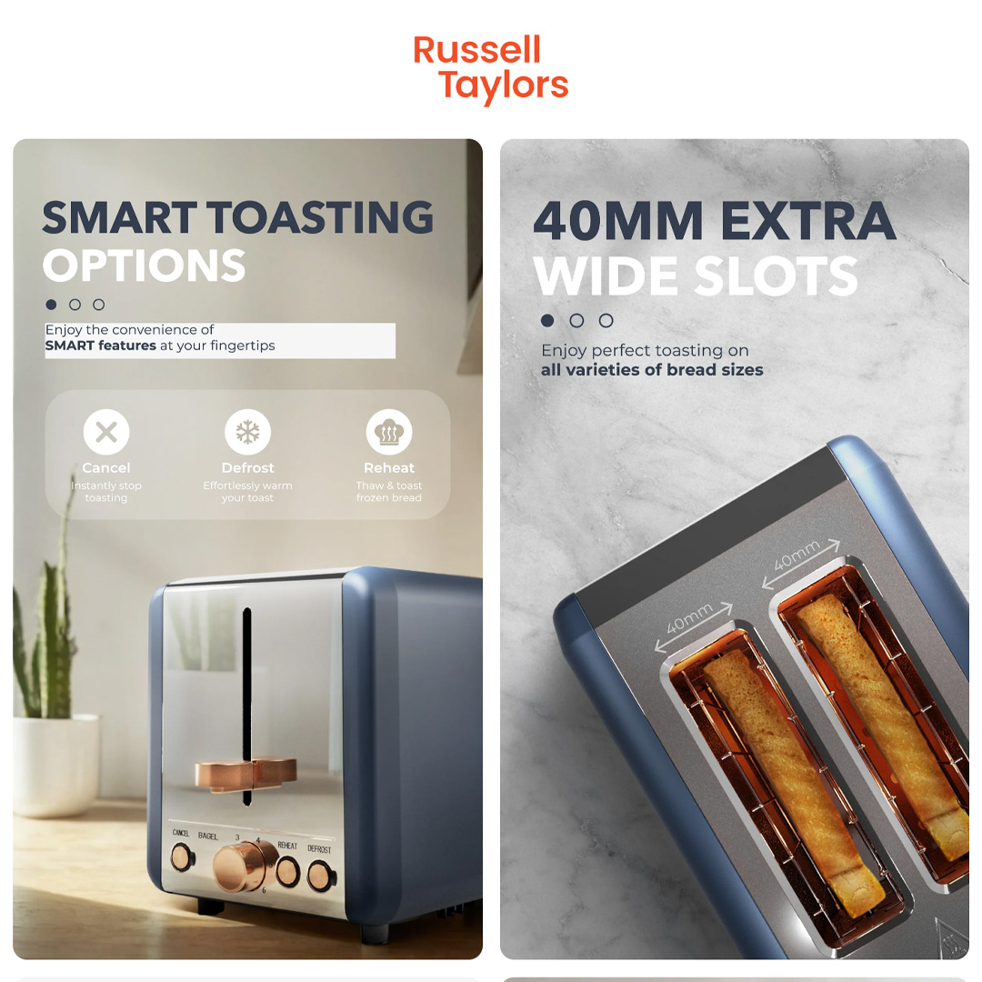 Russell Taylors 2 Slices Retro Toaster RT-20 | Stainless Steel | 6-Shade Setting | Smart Toasting Options | Toaster with 2 Year Warranty