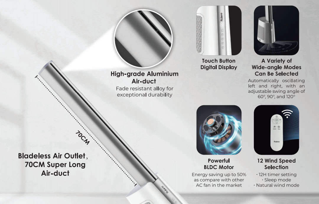 Rubine 36W 2 in 1 Air Purifier Bladeless Fan RBF-PISATA-SW | Built-in Activated HEPA Filter | High-grade Aluminium Air-duct | 4° Circulation Angle Design | Powerful BLDC Motor | Fan with 1 Year Warranty