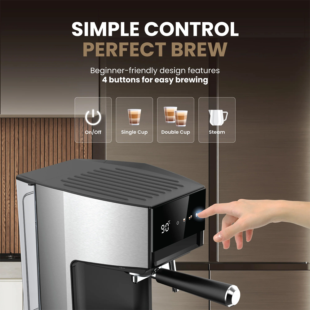 Russell Taylors 1350W 20 Bar Espresso Coffee Machine Digital Coffee Maker EM1 | Home Barista Milk Wand | 1L Detachable Water Tank