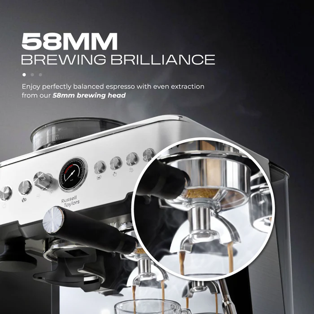 Russell Taylors 2380W 20 Bar Dual Boiler Espresso Machine 58mm Coffee Maker with Grinder EM5 | 200g Coffee Grinder | Dual Boiler | Powerful Steam