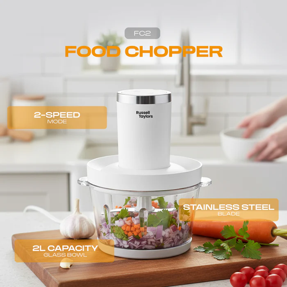 Russell Taylors 2L Glass Bowl Food Chopper FC2 | 2 Layers 304 Stainless Steel Blades | 2L Glass Chopper Bowl | 300W Powerful Motor | 2 -Speed Control