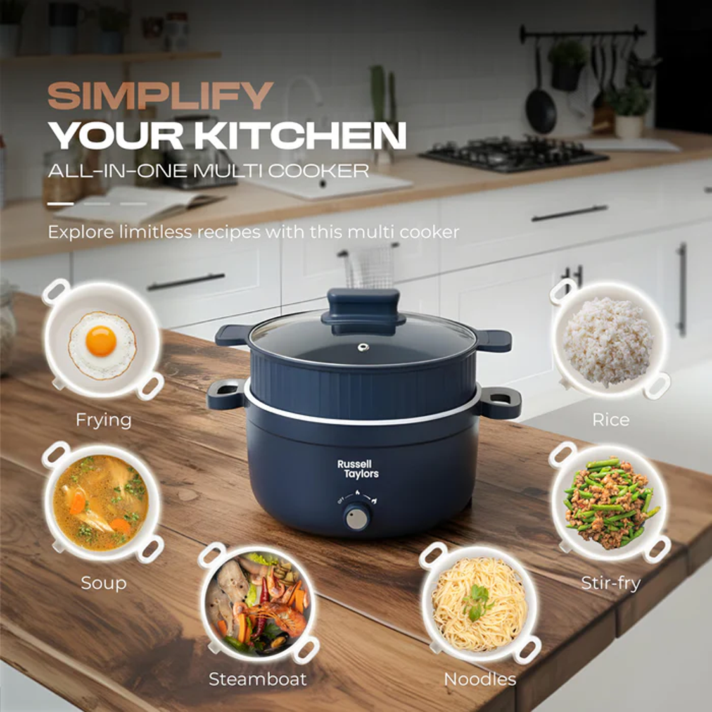 Russell Taylors 4.4L Multi Cooker with Steamer MC8 | 1000W | Compact Cooking Delight | Ceramic Non-Stick Coating