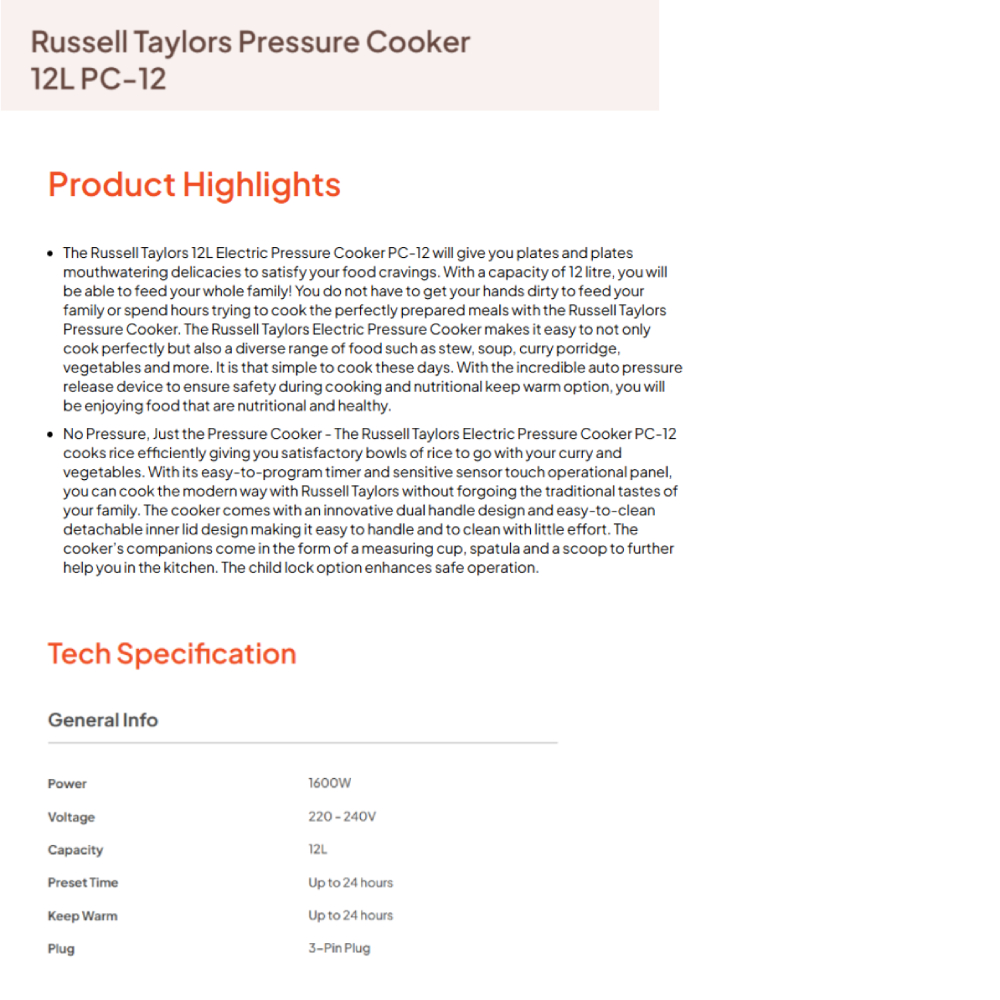 Russell Taylors 6L/12L Pressure Cooker PC-60/ PC-12 | Express Cooking | Multi-Cooking Function | LED Display | Cooker with 2 Year Warranty