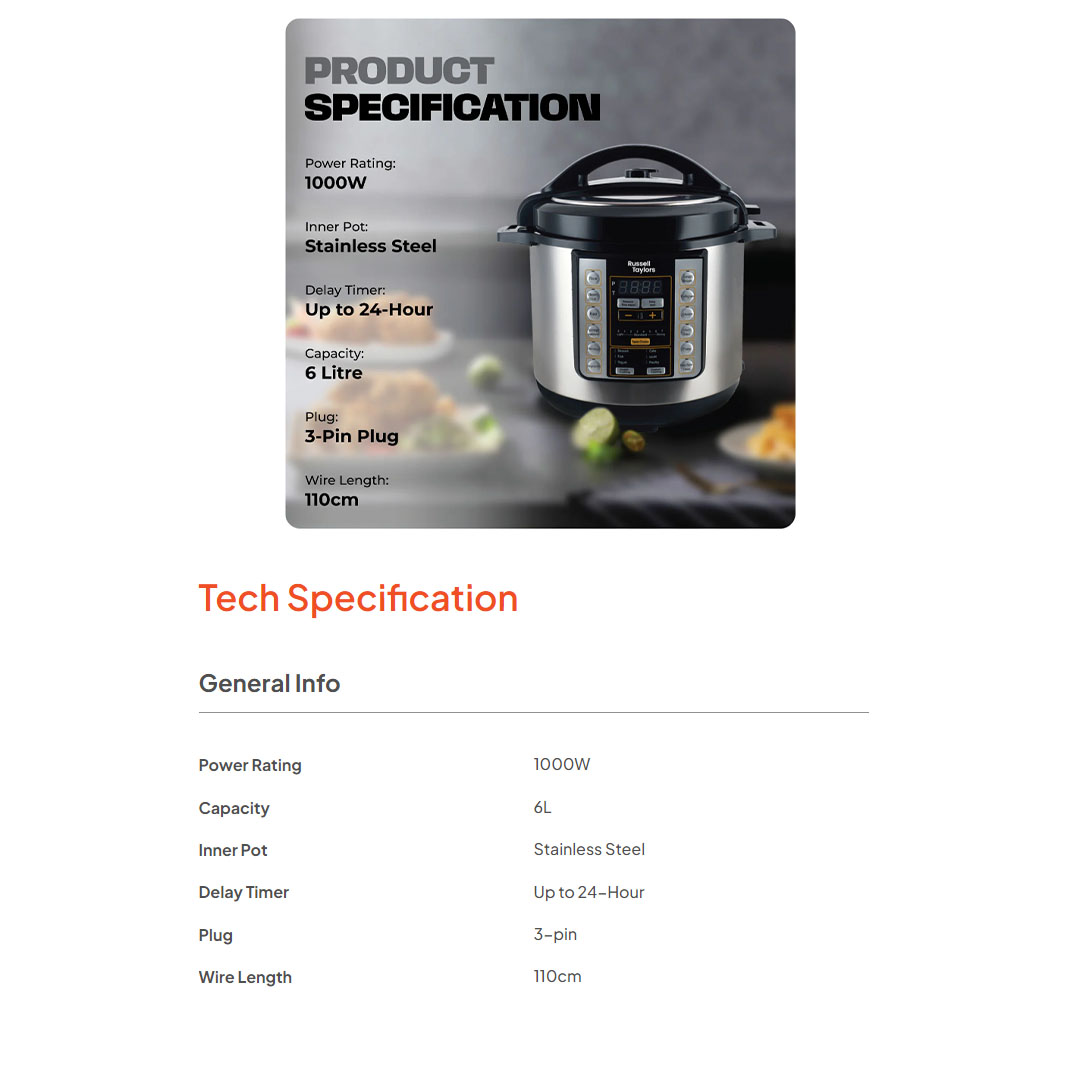 Russell Taylors 6L Electric Pressure Cooker 17 Preset Programs PC6 | 24-Hour Delay Timer |  Express Cooking | Stainless Steel Culinary | Pressure Cooker with 2 Years Warranty