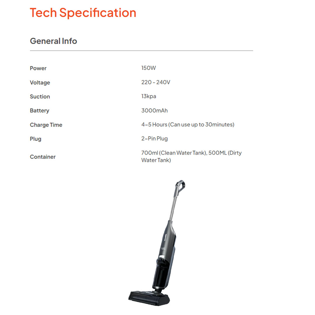 Russell Taylors 150W Wet & Dry Cordless Vacuum Cleaner Floor Washer V10i | 3000mAh | Convenient Docking & Charging Station | Self-Cleaning Roller Brush | Vacuum Cleaner with 2 Years Warranty